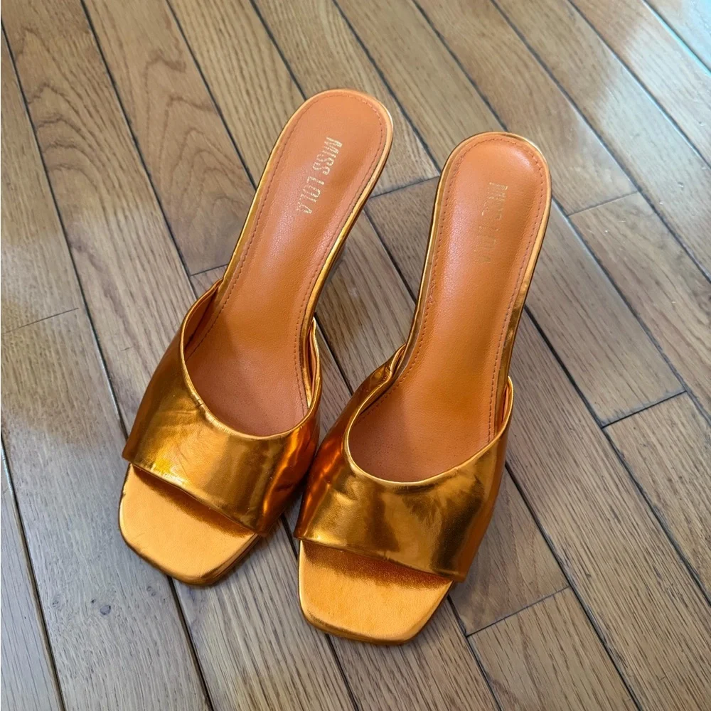 Miss Lola Shiny Orange Mules - Picture 3 of 6